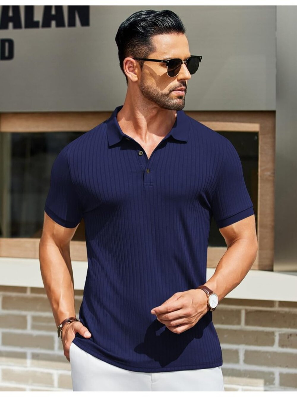 Men's Navy Blue Textured Polo Shirts Short Sleeve Slim Fit Button Polo Casual - Picture 2 of 6